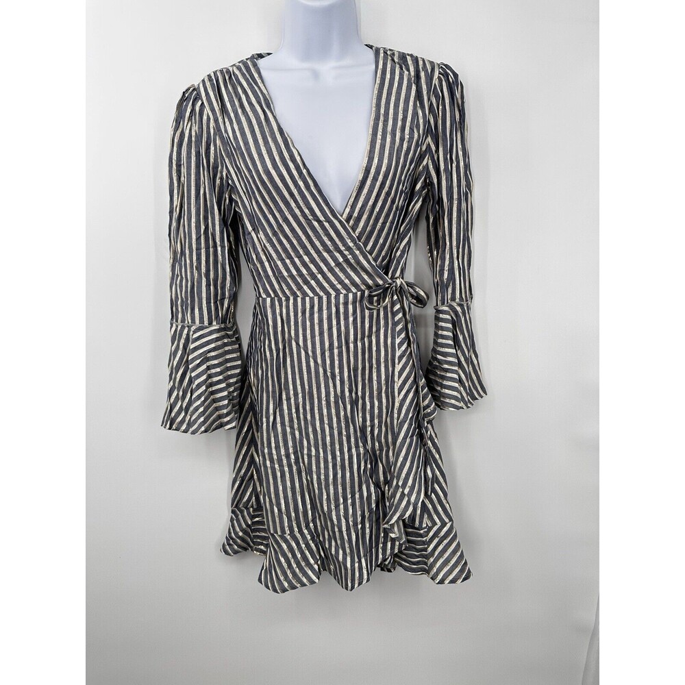 Show Me Your MuMu Leslie Striped Mini Wrap Dress XS Silver